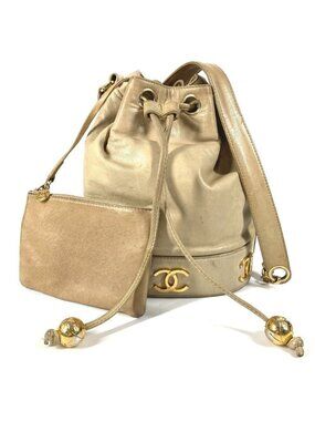 Chanel Shoulder Bag Triple Coco CC Logo Drawstring Leather Beige